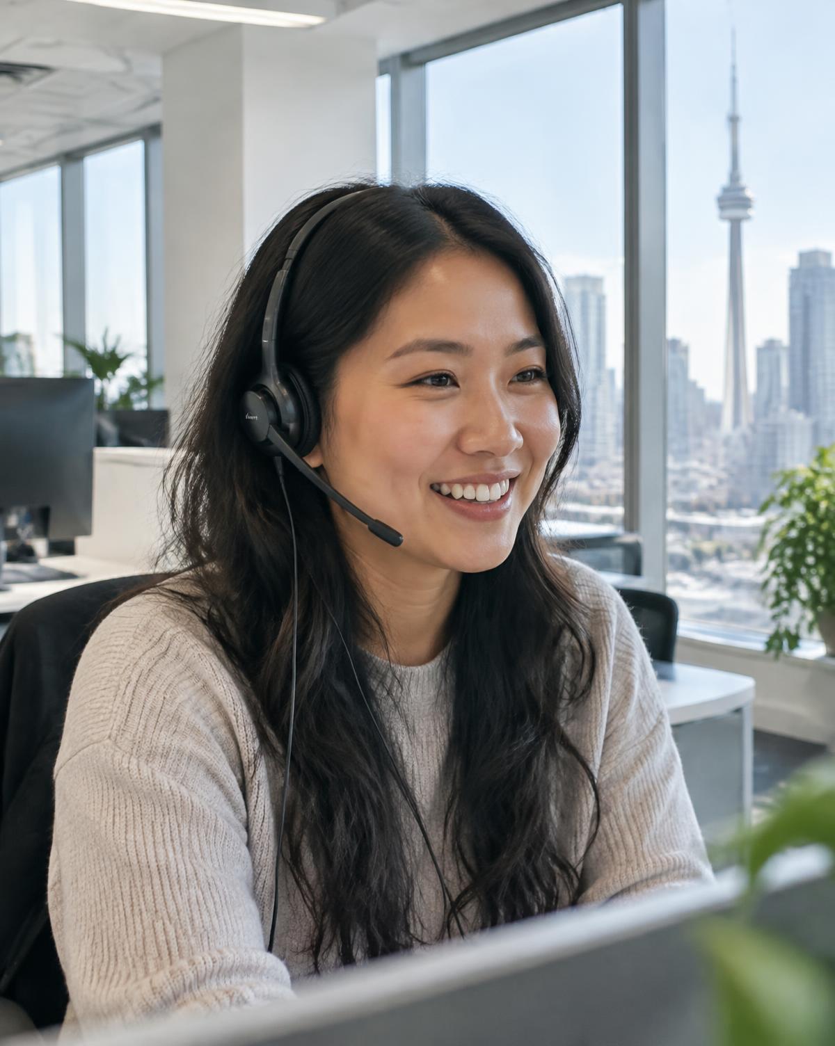 Friendly Express Funding specialist wearing a headset in a bright Toronto office