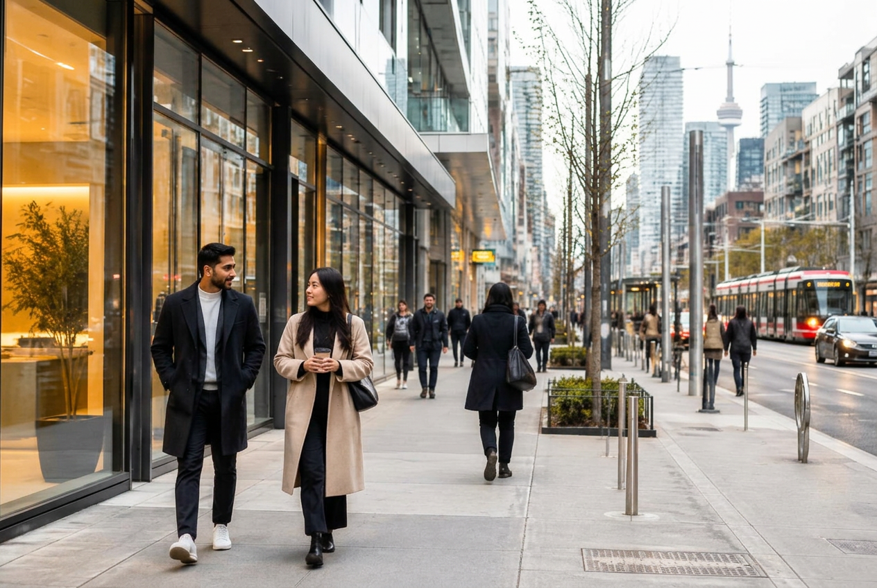 Rue contemporaine de Toronto avec vitrines de verre et tramway