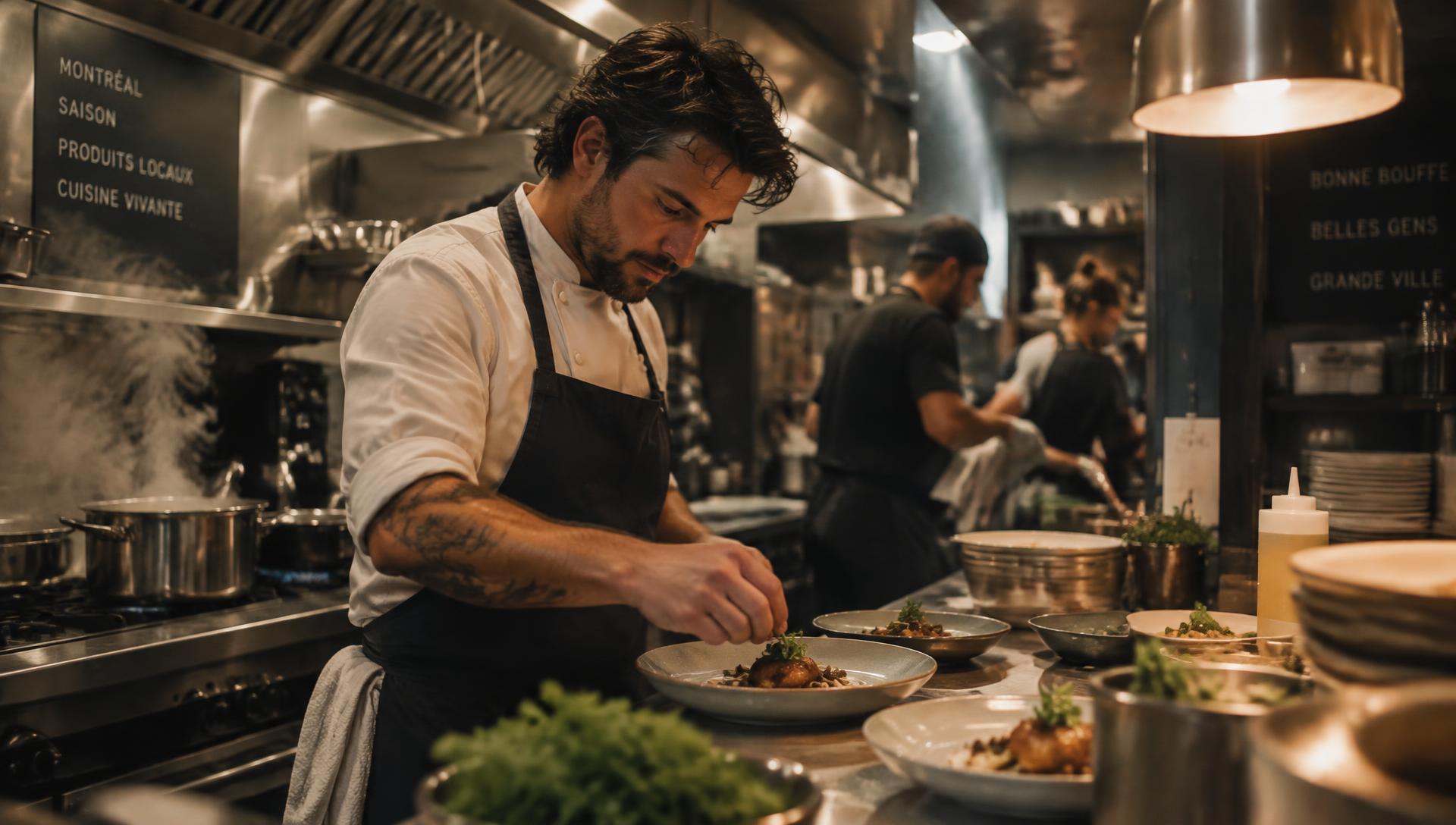 Propriétaire de restaurant travaillant dans une cuisine contemporaine et lumineuse de Montréal
